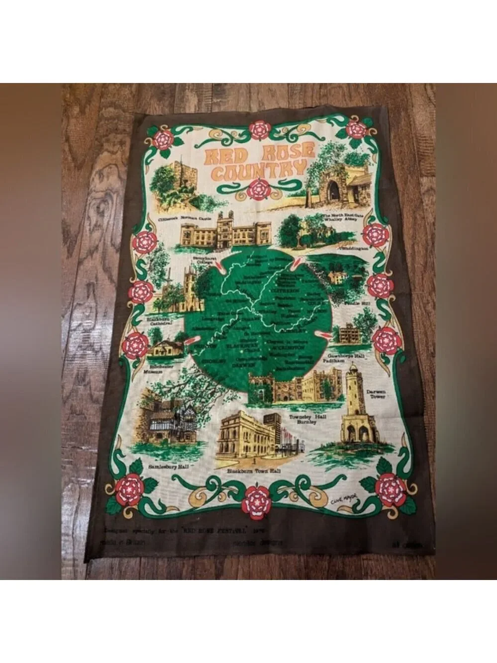 Red Rose Country Vintage  Tea Towel with historic Great Britain architecture